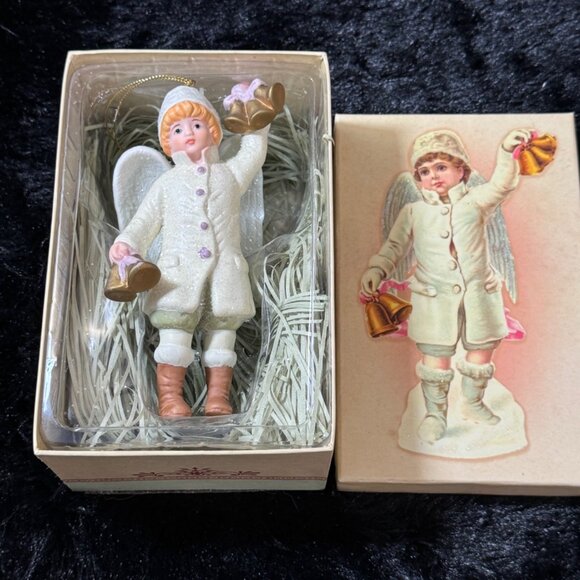 Vintage Victorian Costco Angel Boy Ceramic Bell Ringer Ornament with box 5.5" - Picture 1 of 5